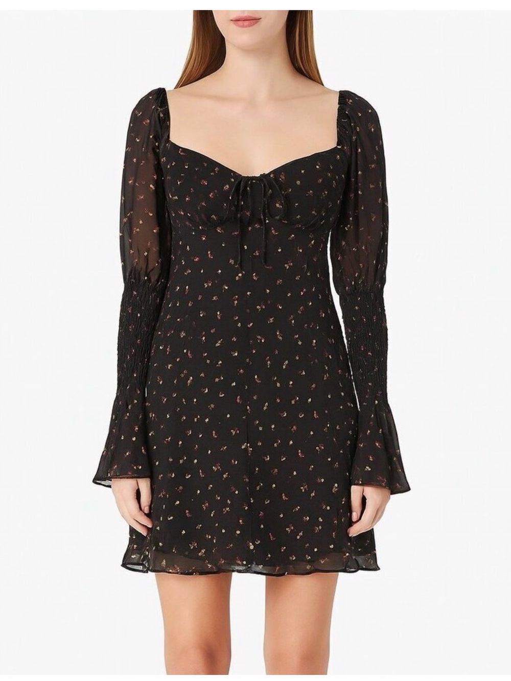 Rat & Boa Black Floral Tie-Front Long Sleeve Mini Dress